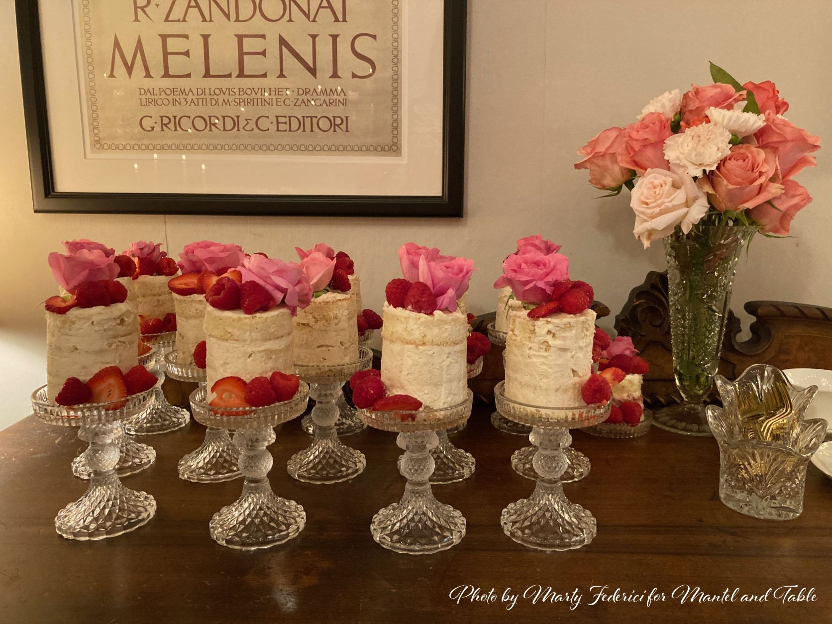 Tiny individual champagne cakes on crystal stands