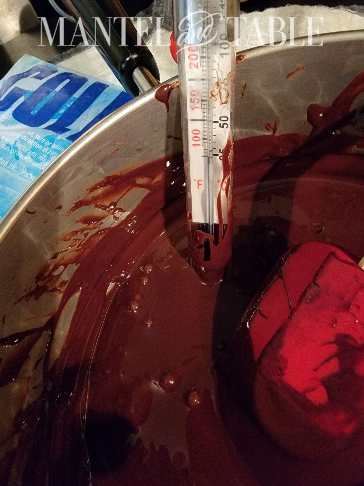 Pan of melted chocolate sitting on ice pack