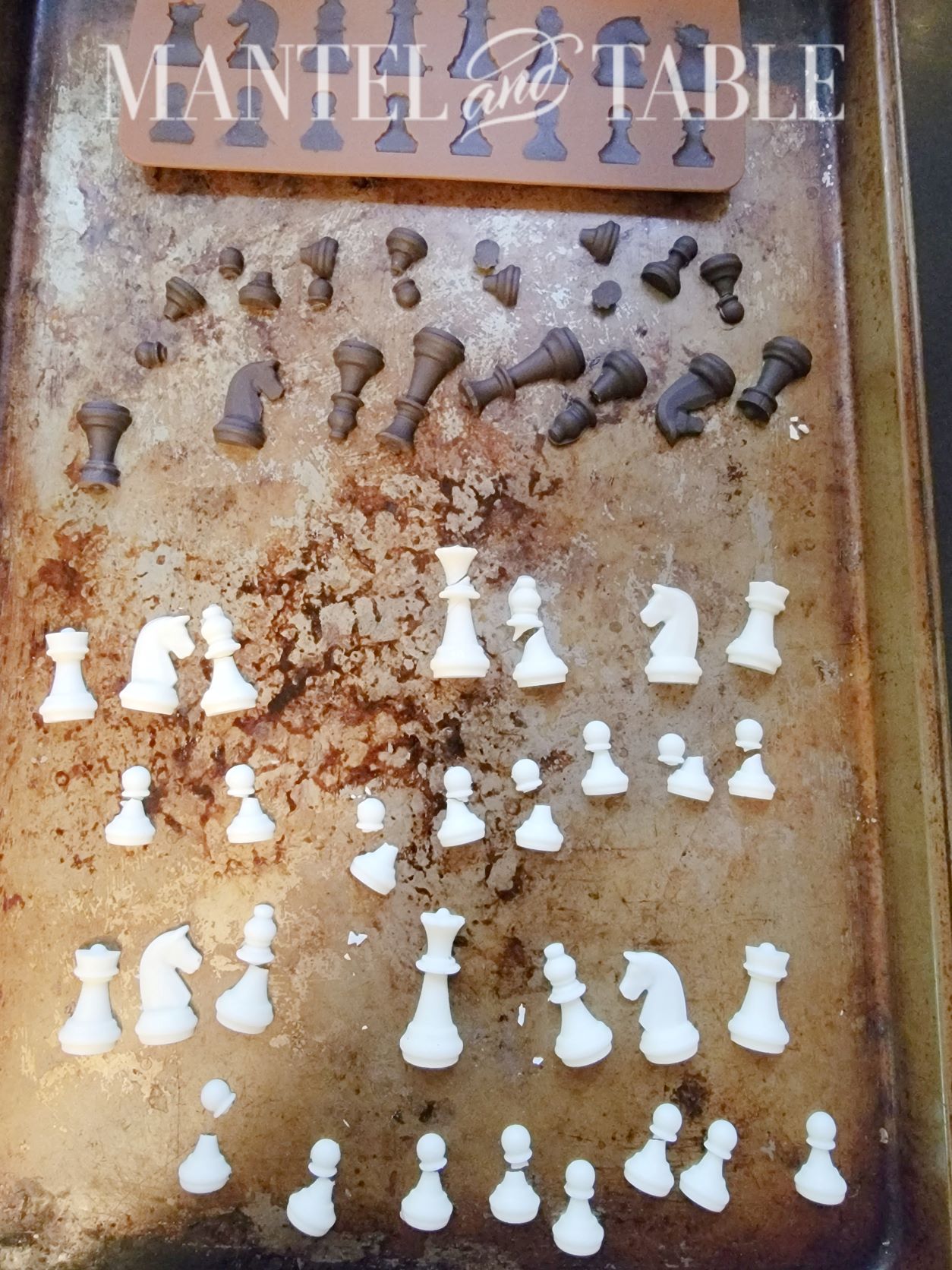 Broken chocolate chess pieces for Chess board brownies