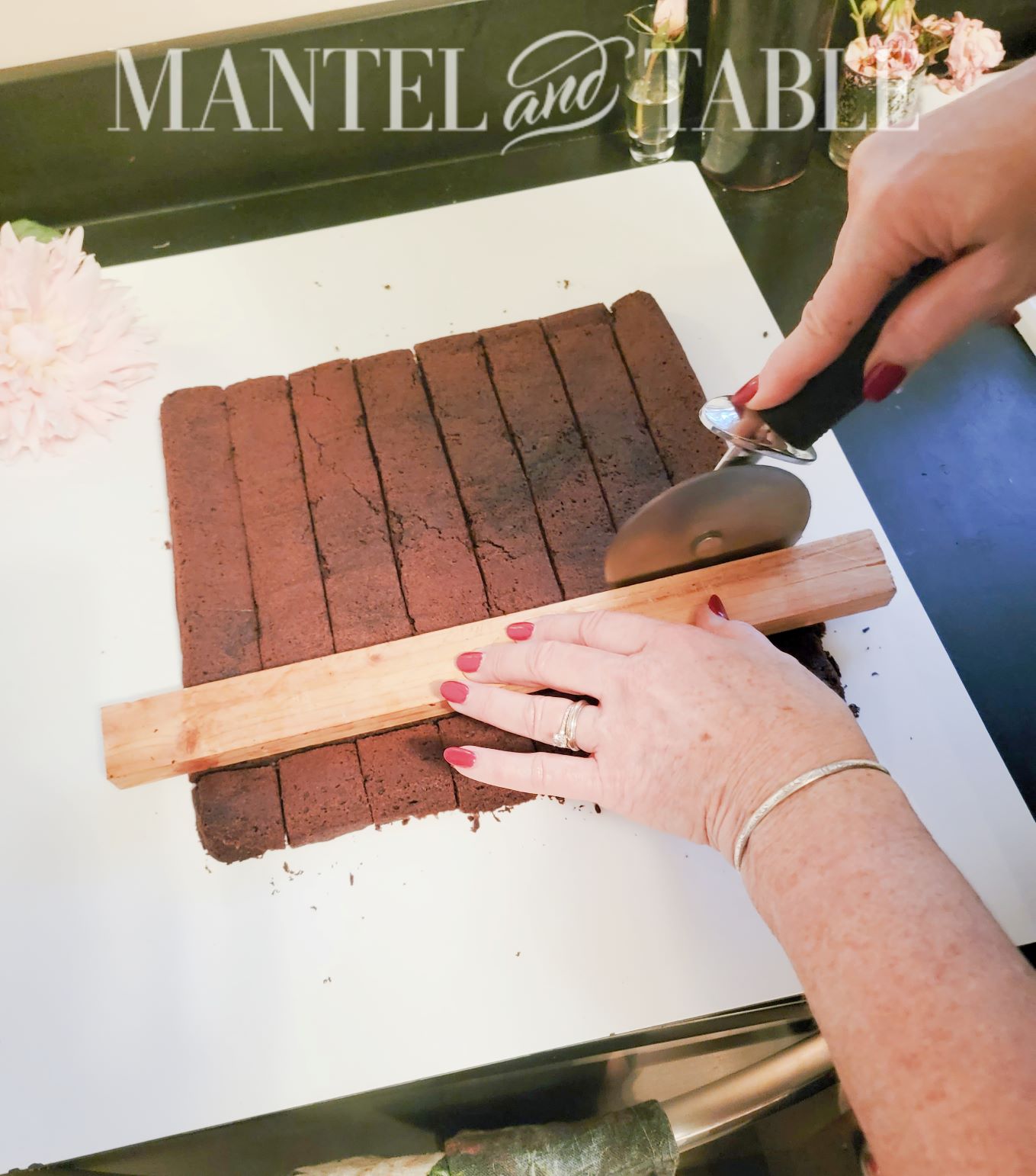 Cutting brownies with a pizza cutter and ruler
