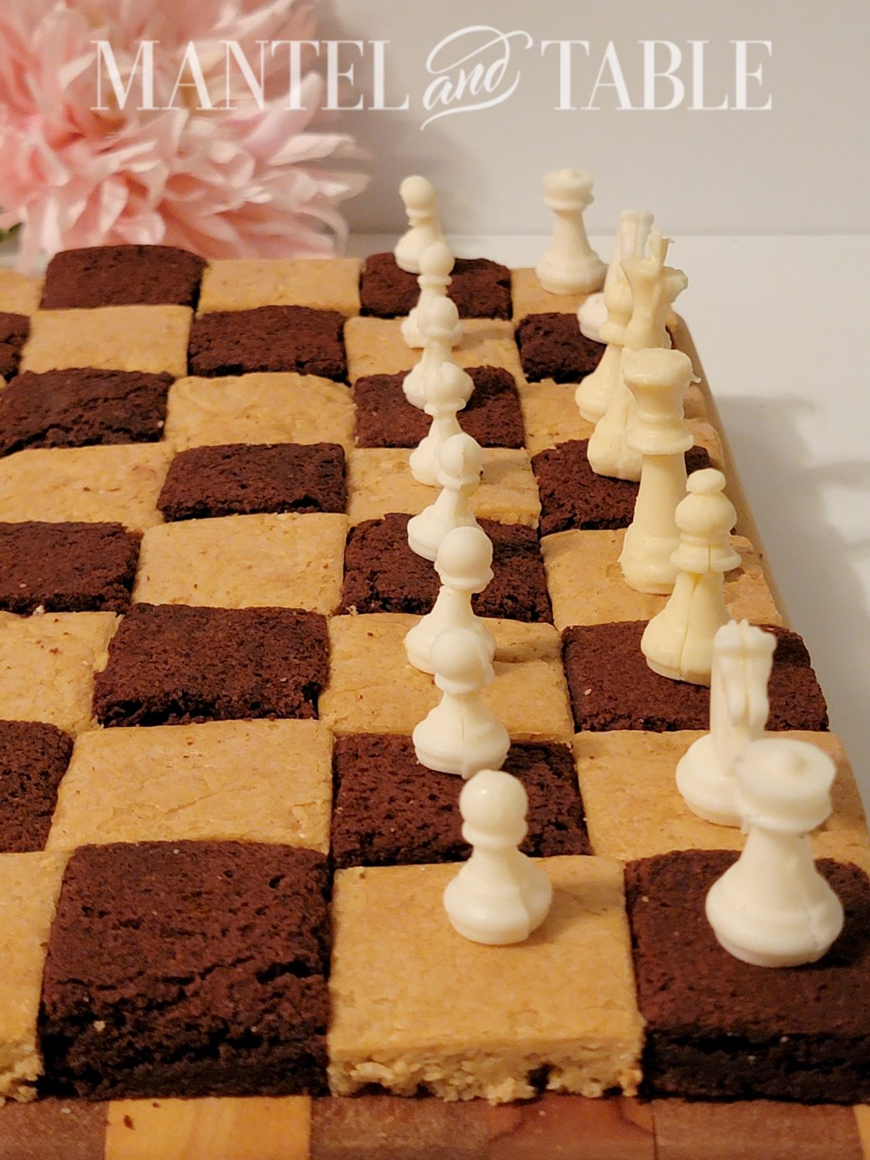 Chess board brownies and white chess pieces
