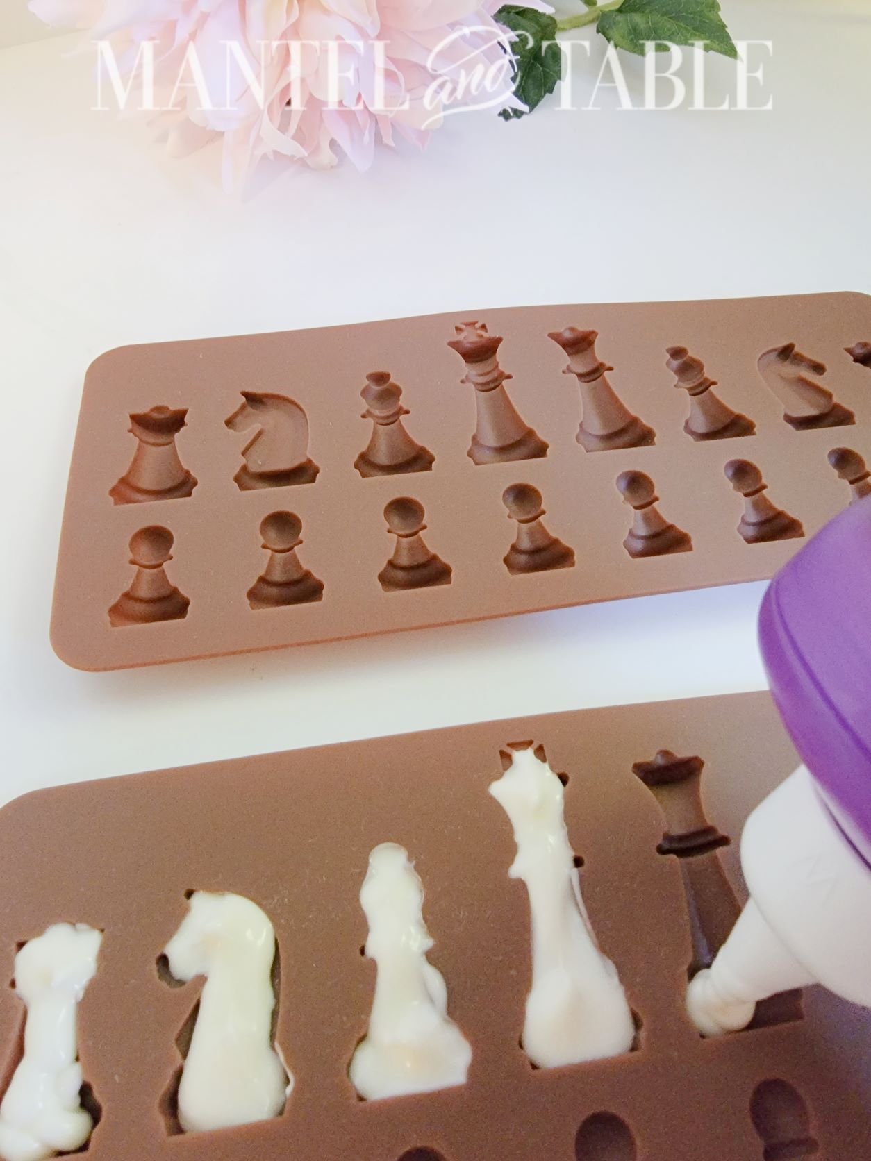 Filling chocolate molds for Chess board brownies