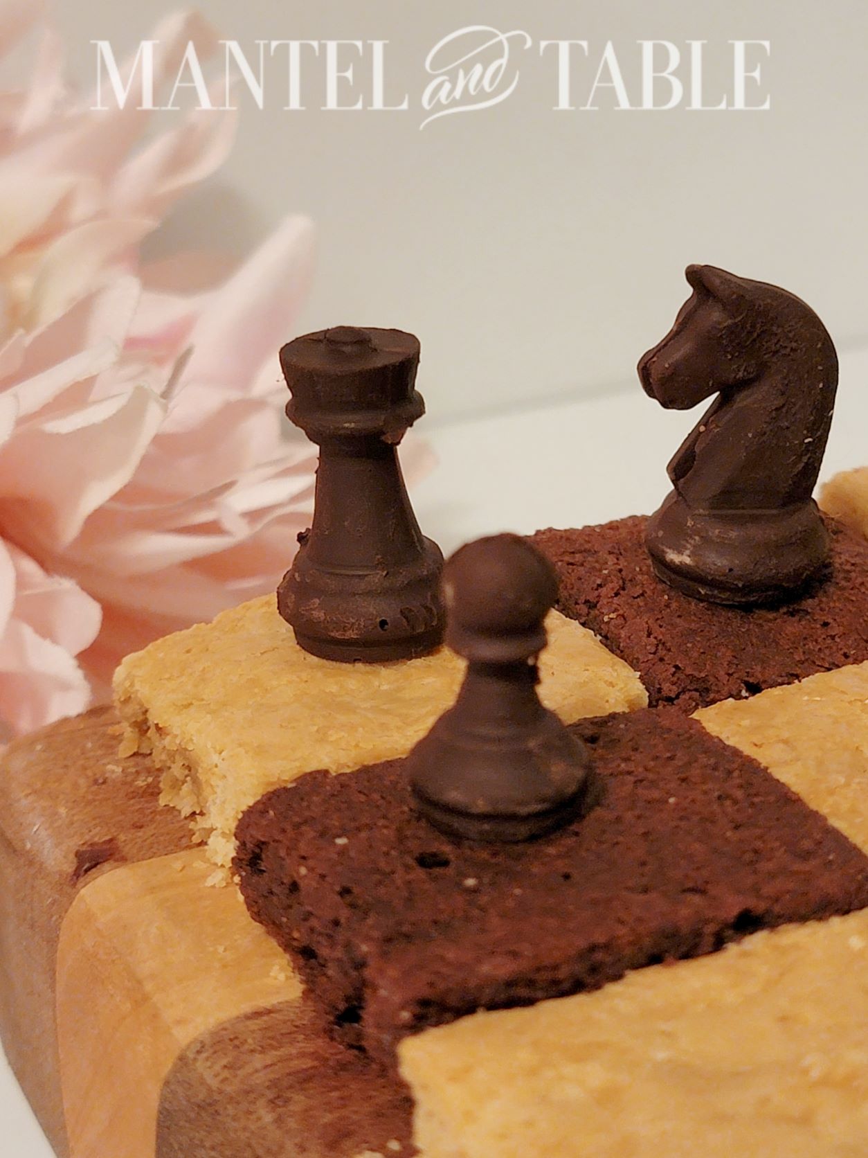 Chocolate chess pieces for Chess board brownies close up