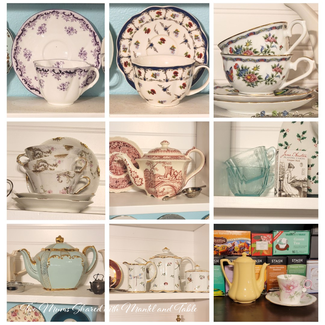 Grid of teacup photos including the traveling teacup in the tea and scones post