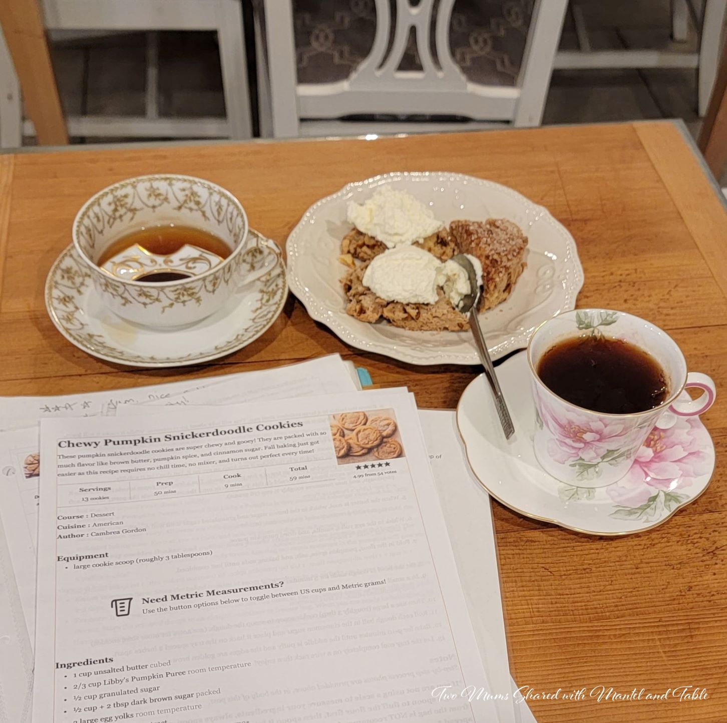 tea and scones on a table with recipes