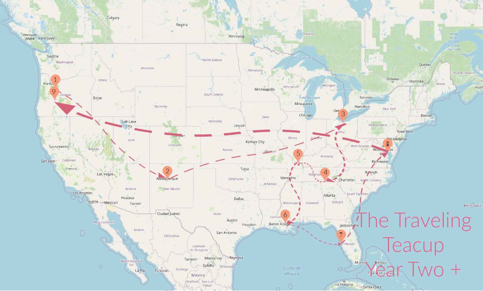 US map with Traveling Teacup route marked, ending at tea and scones