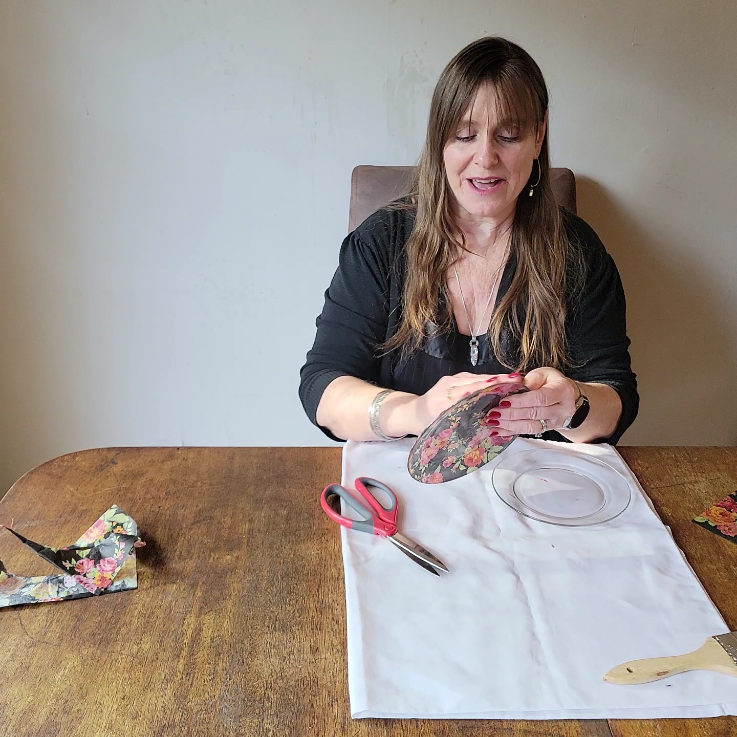 Two table setting problems solved! Woman doing craft project