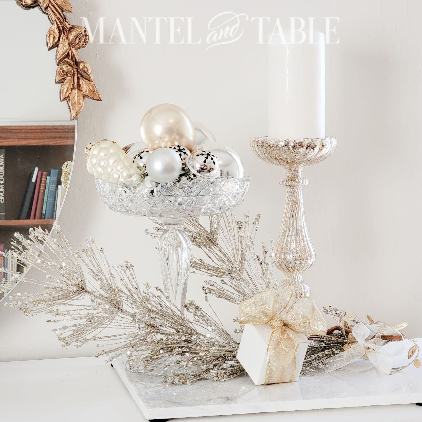 Winter tray decor - white, silver, and gold