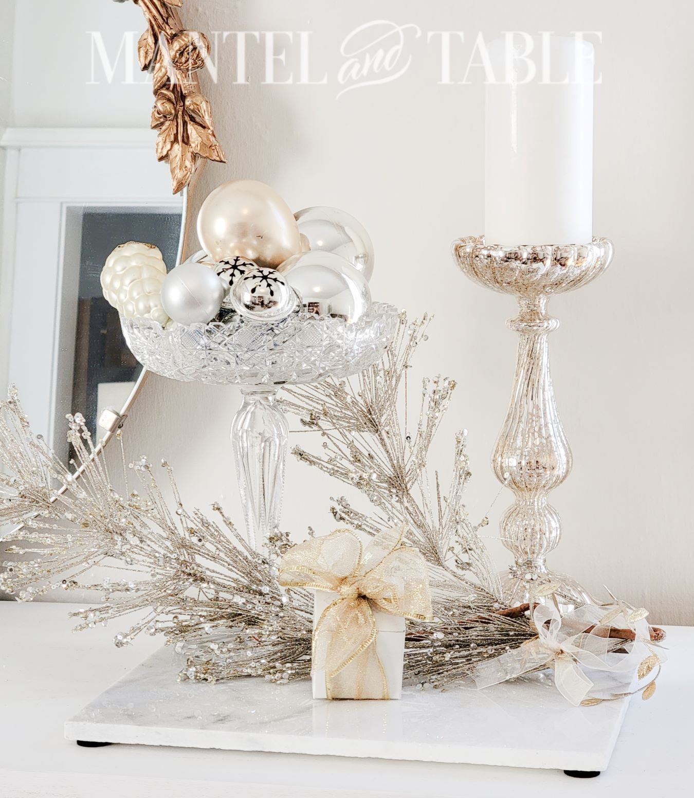 Winter tray decor on white marble - full view