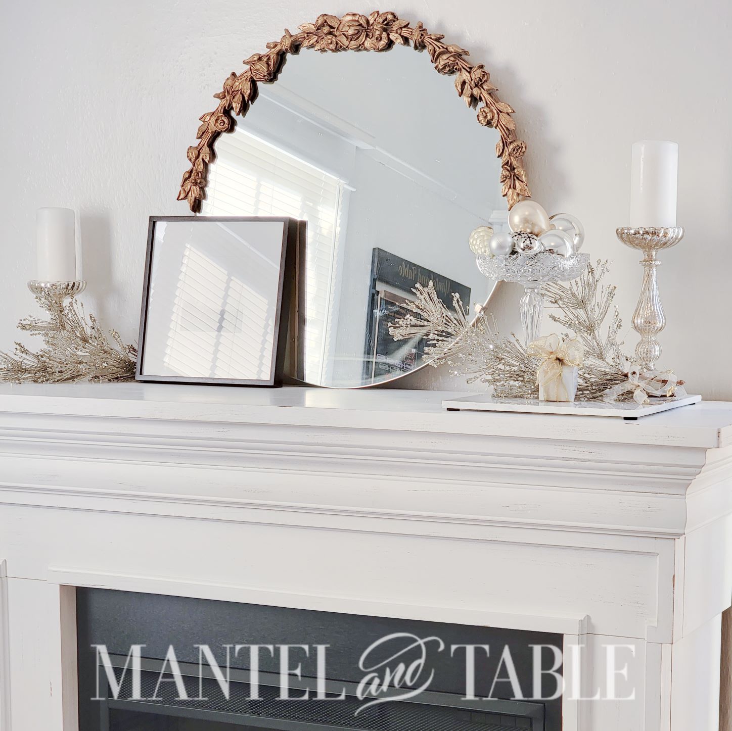 Winter tray decor and view of whole mantel
