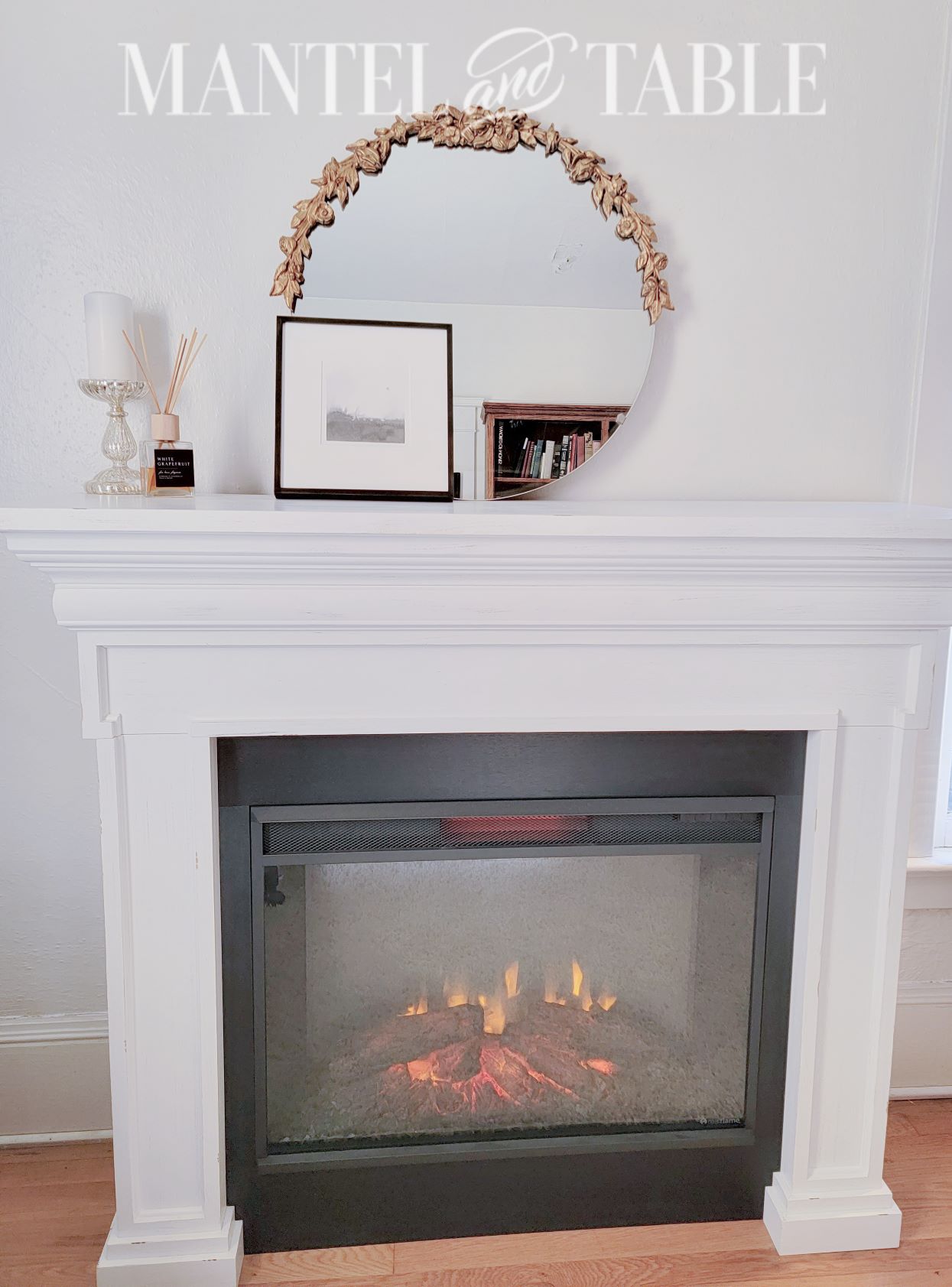 Fire in fireplace with white mantel