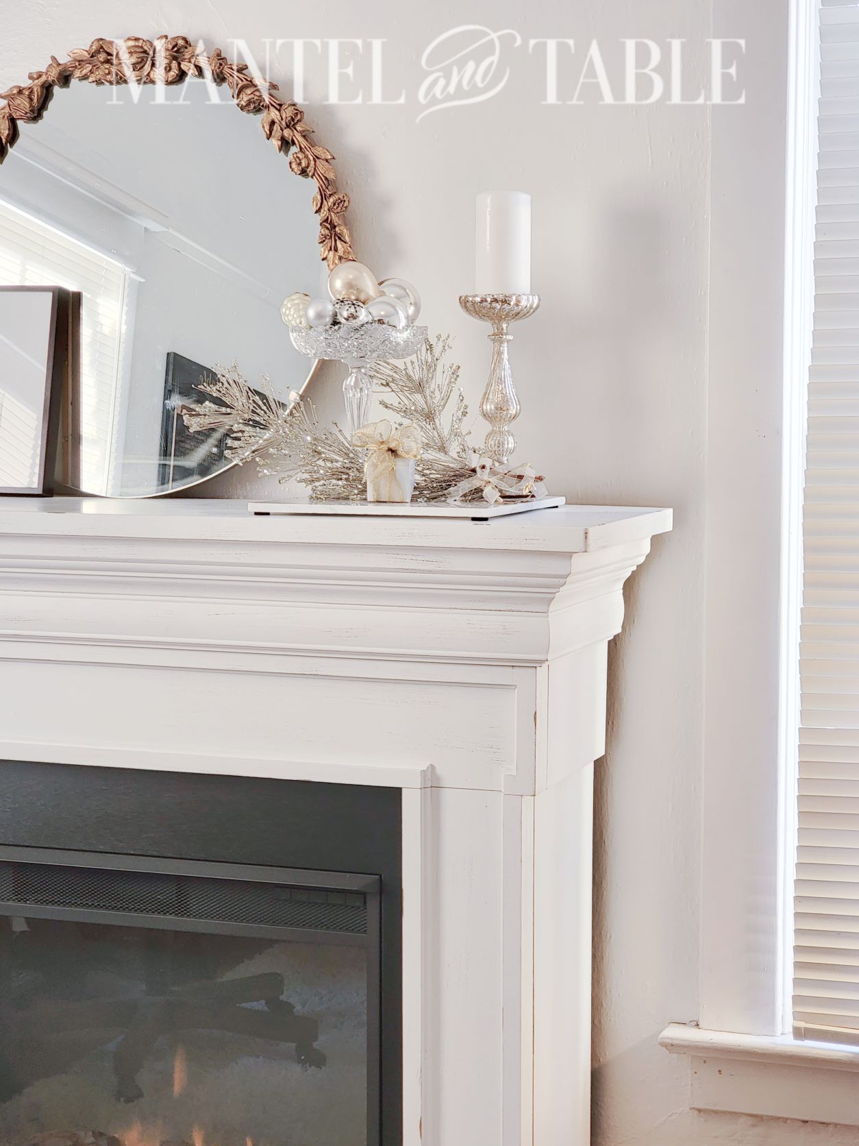 Winter tray decor on mantel
