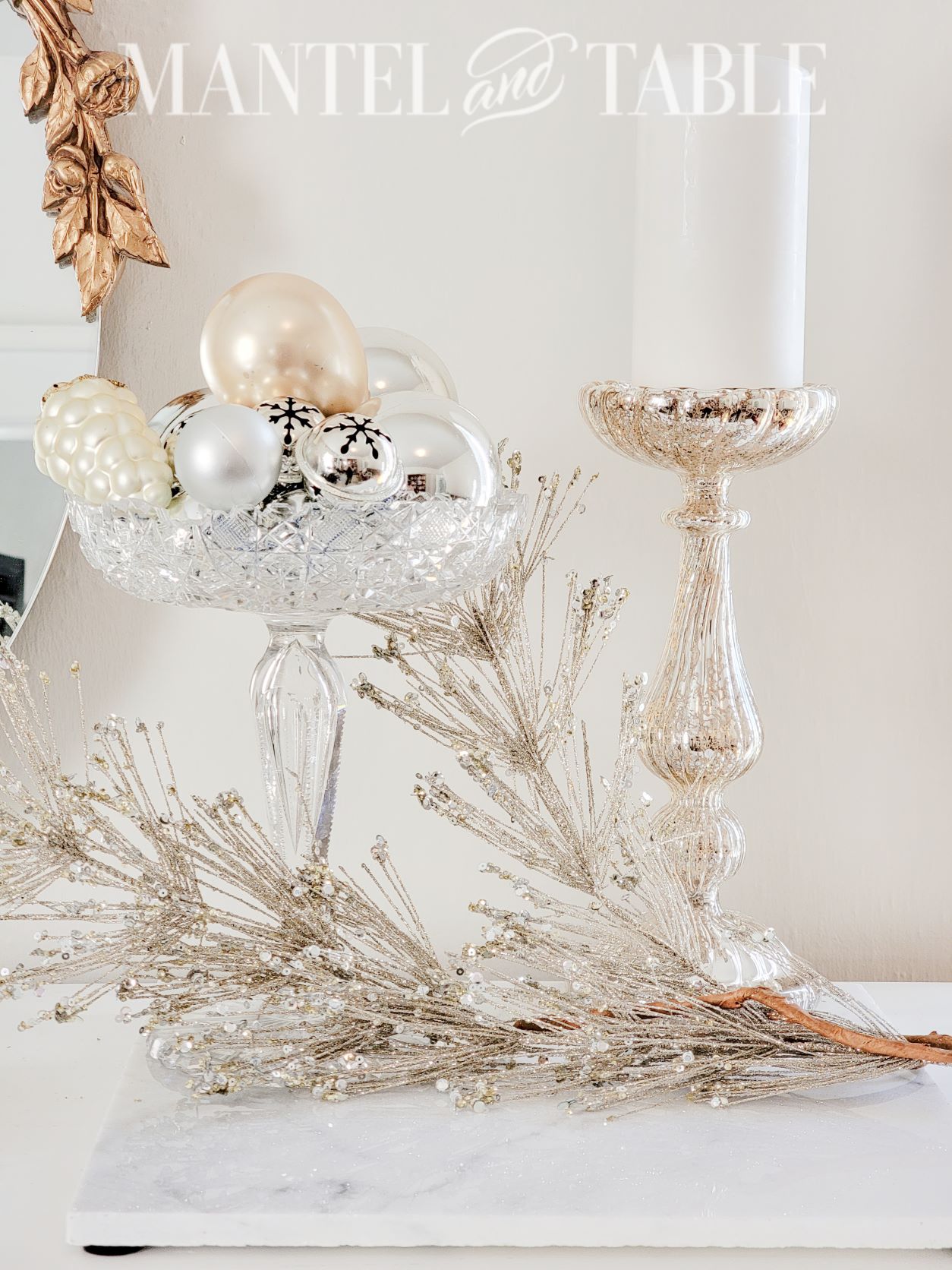 Winter tray decor with sparkle branch