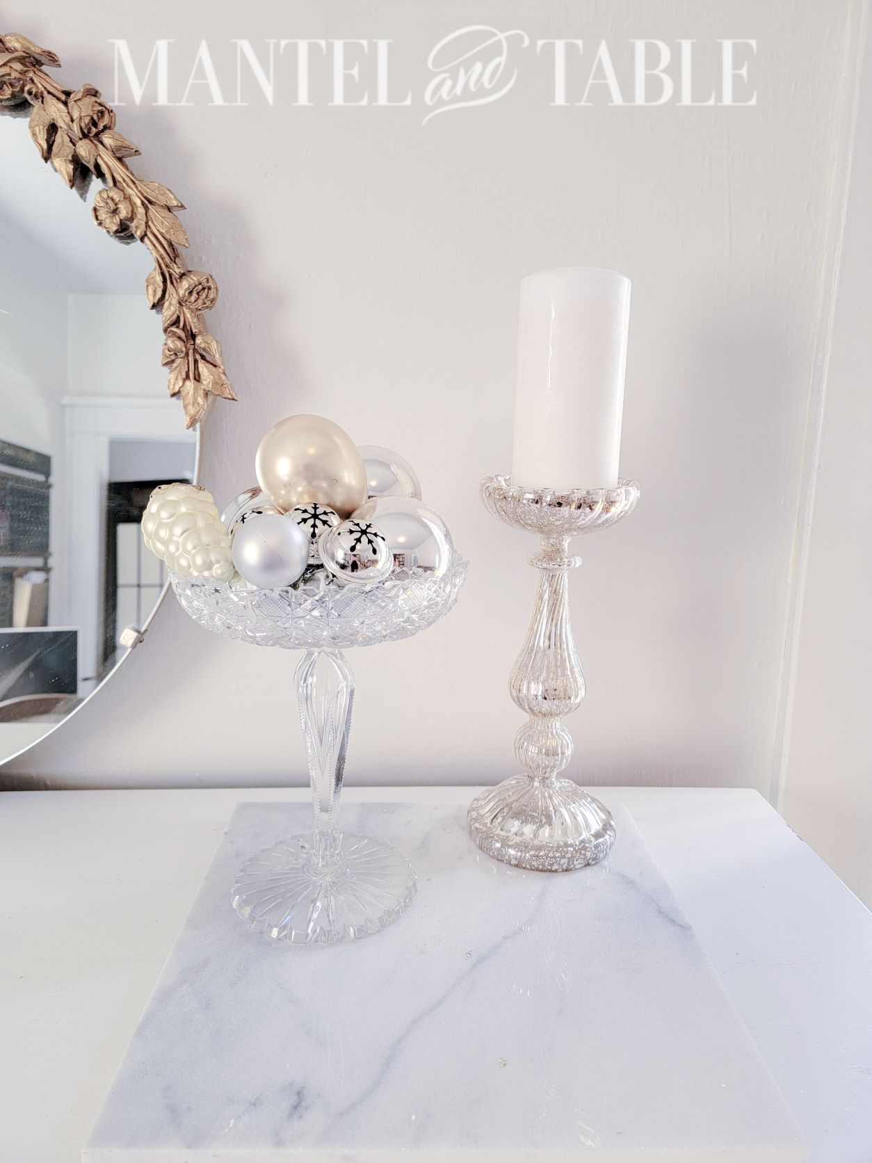 Winter tray decor - candle holder and footed crystal