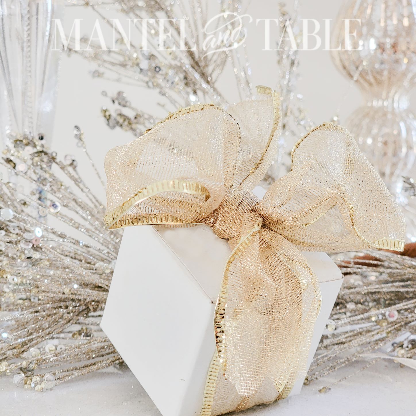Winter tray decor with small wrapped gift