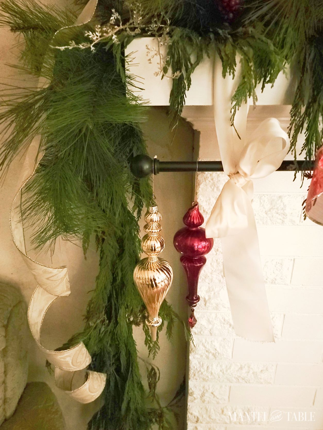 Closeup of large ornaments hanging from rod on fireplace