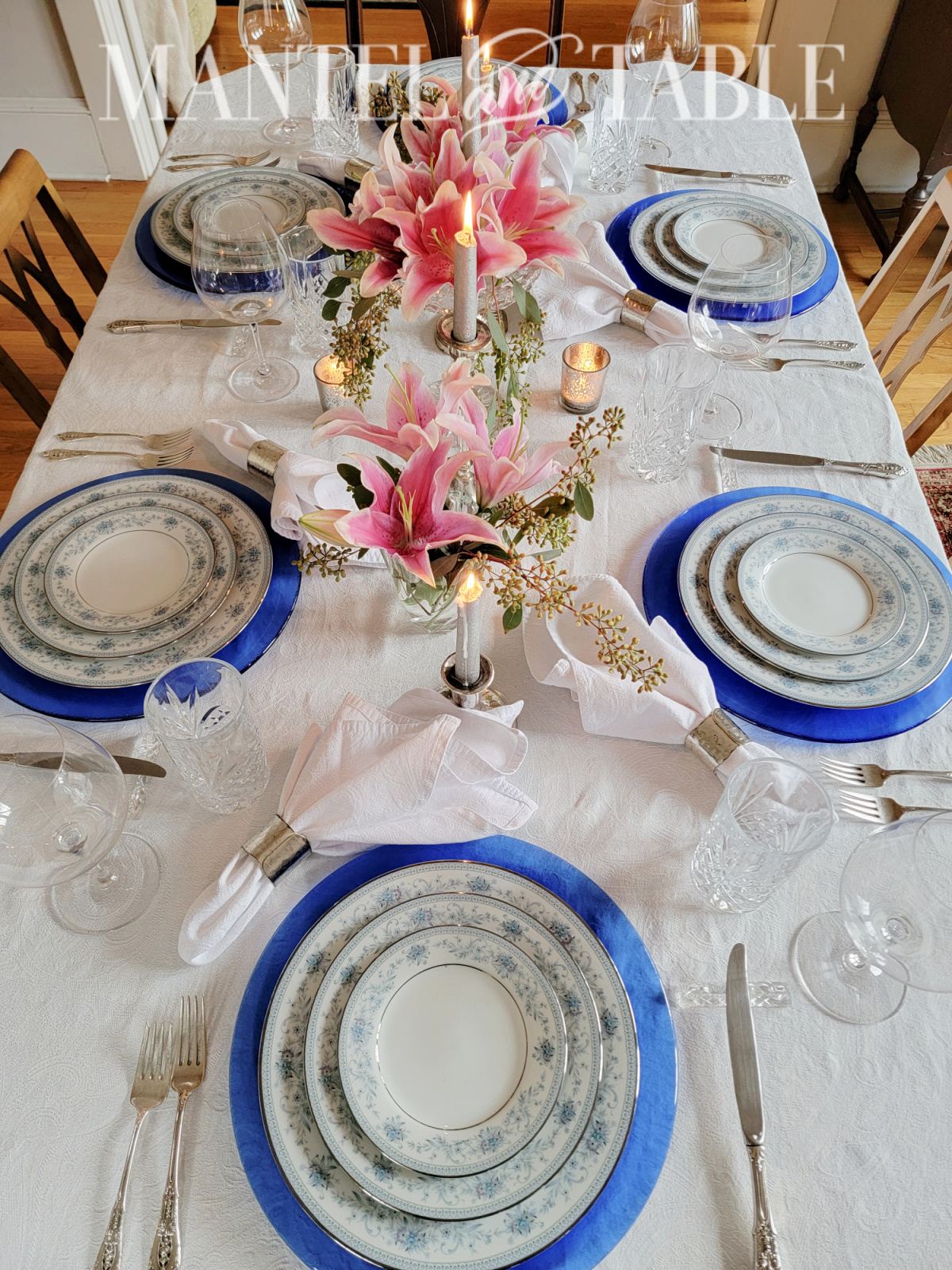 Blue table setting - full table view from above