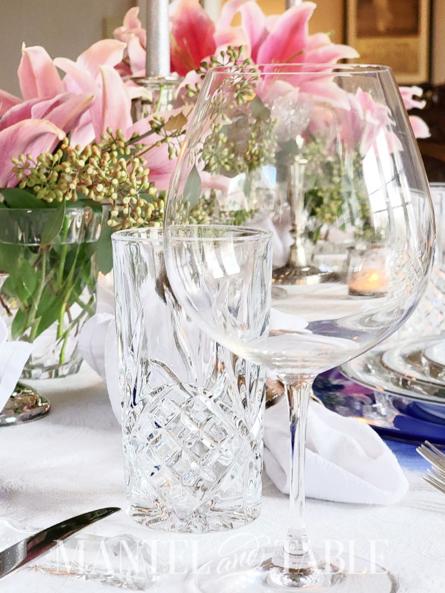 Closeup of water and wine glasses on a formal table