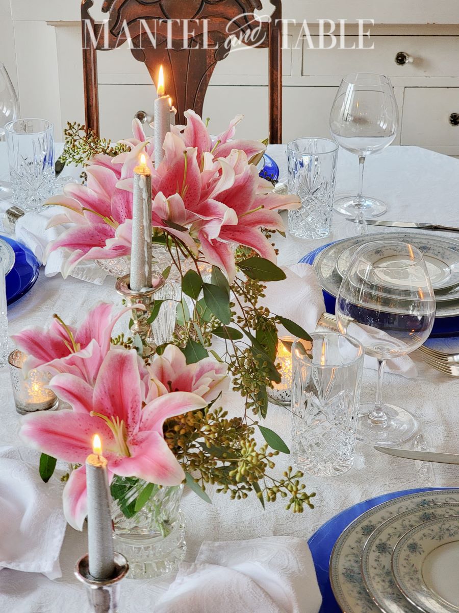 Blue table setting and pink flowers