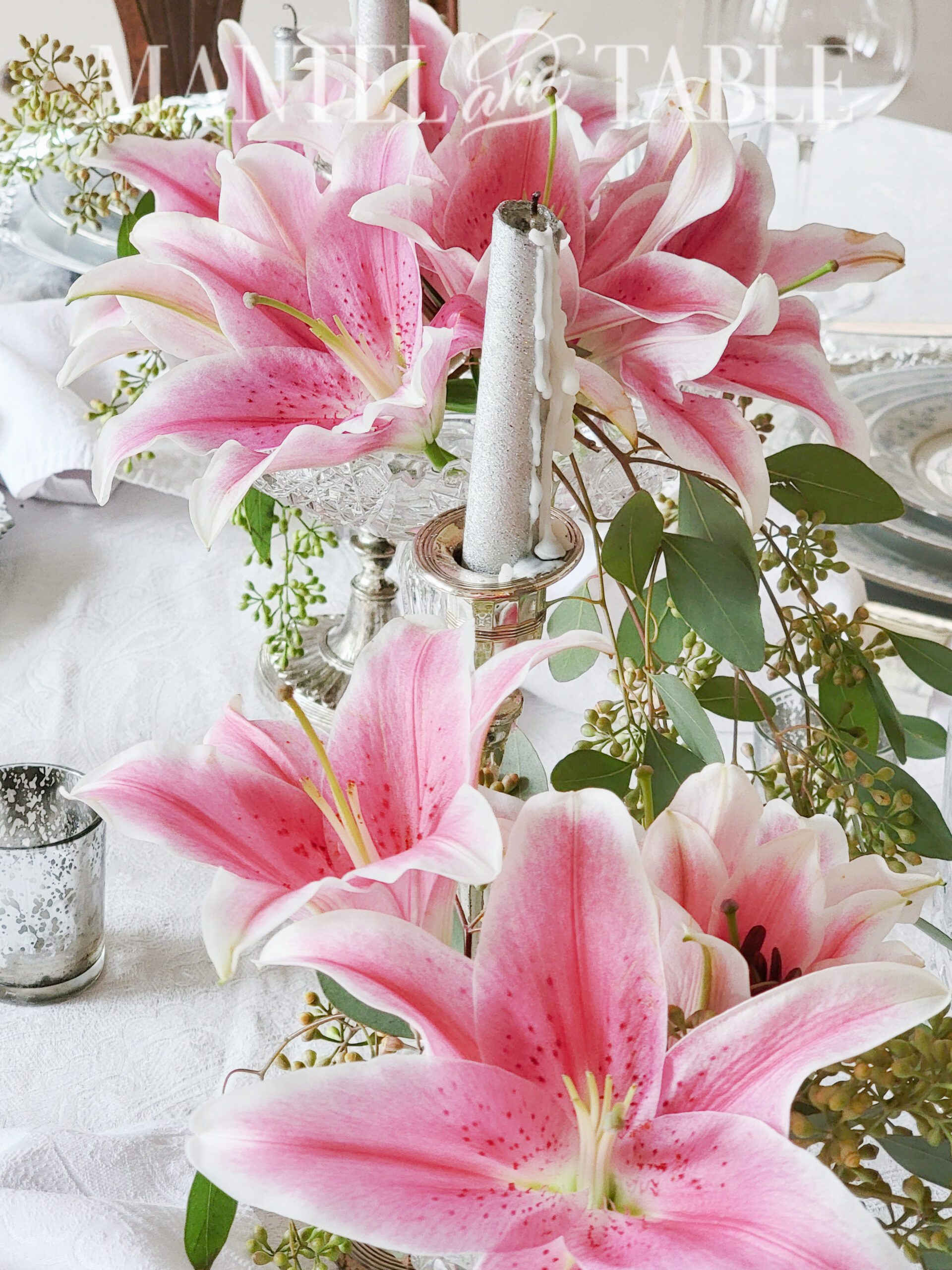 closeup of pink lilies in centerpiece