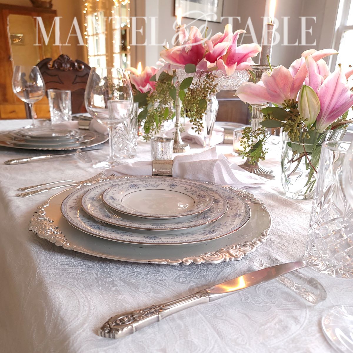 Blue table setting from the side