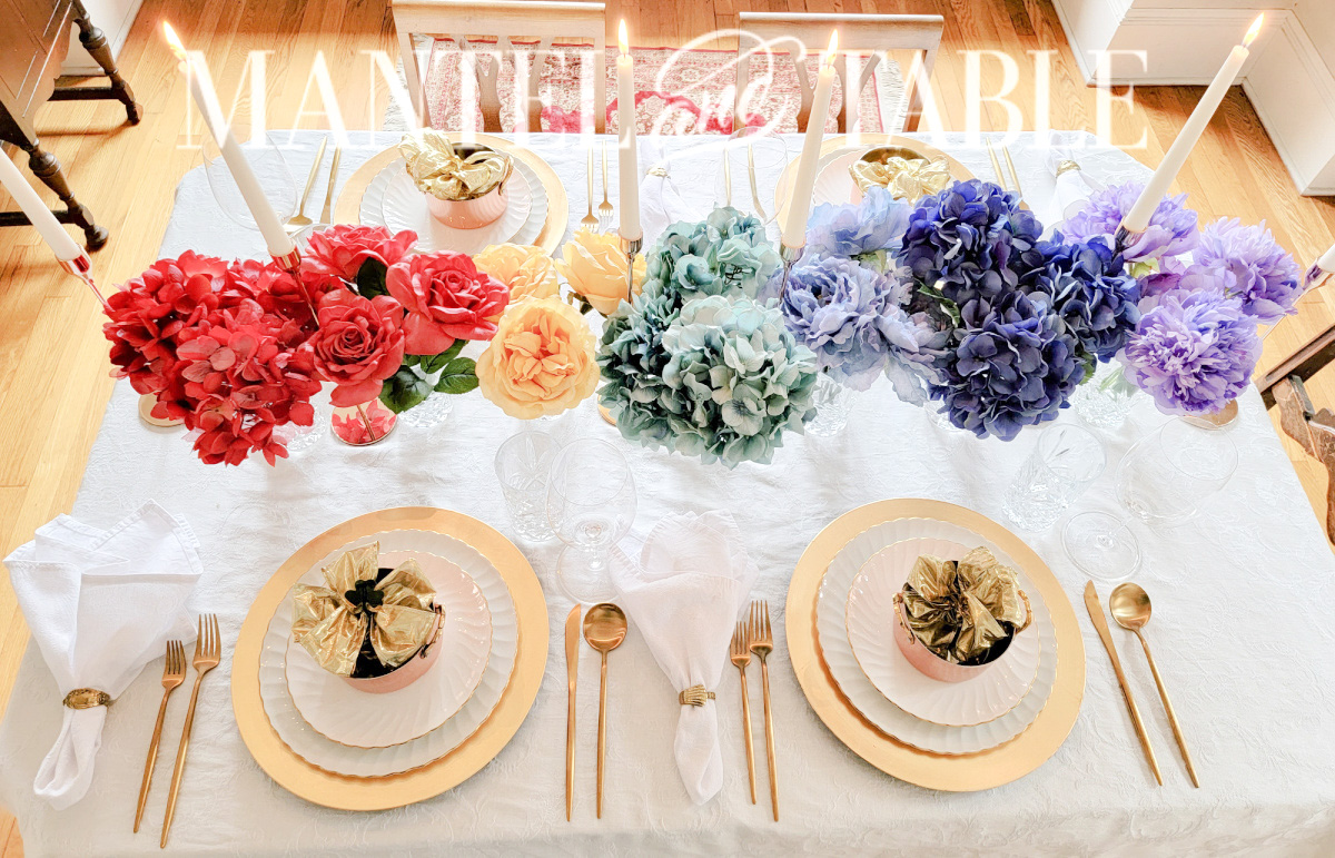 Pot of gold tablescape full view from above