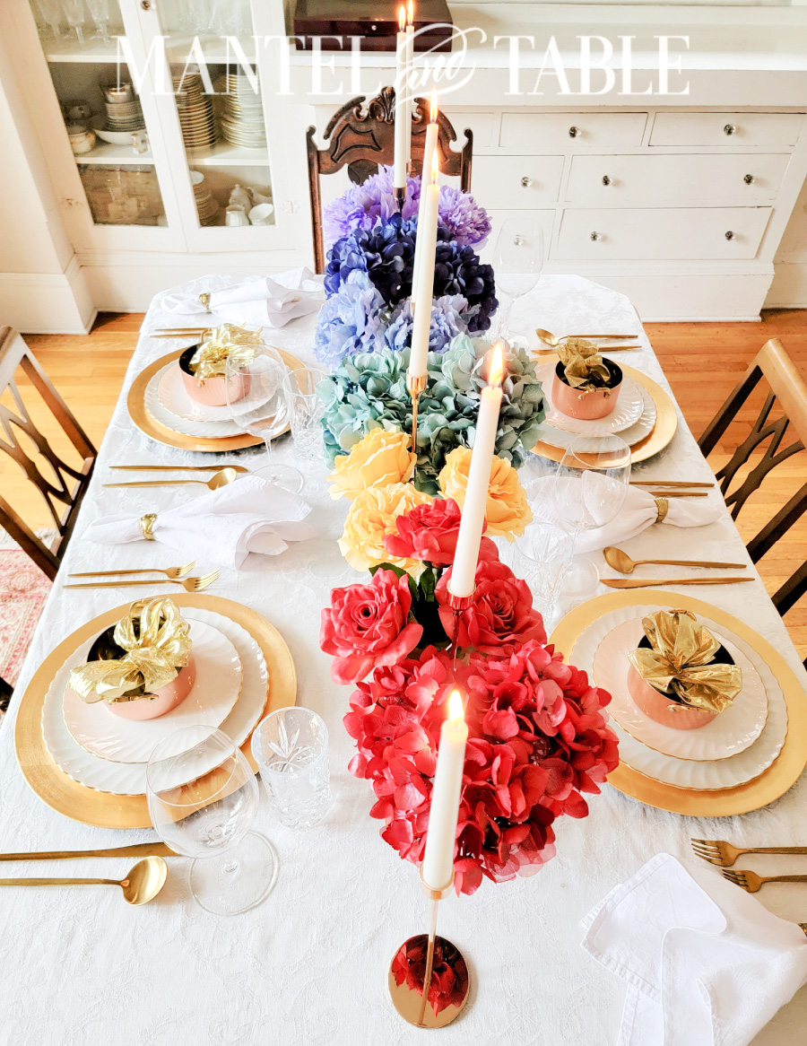 Pot of gold tablescape with rainbow flower centerpiece