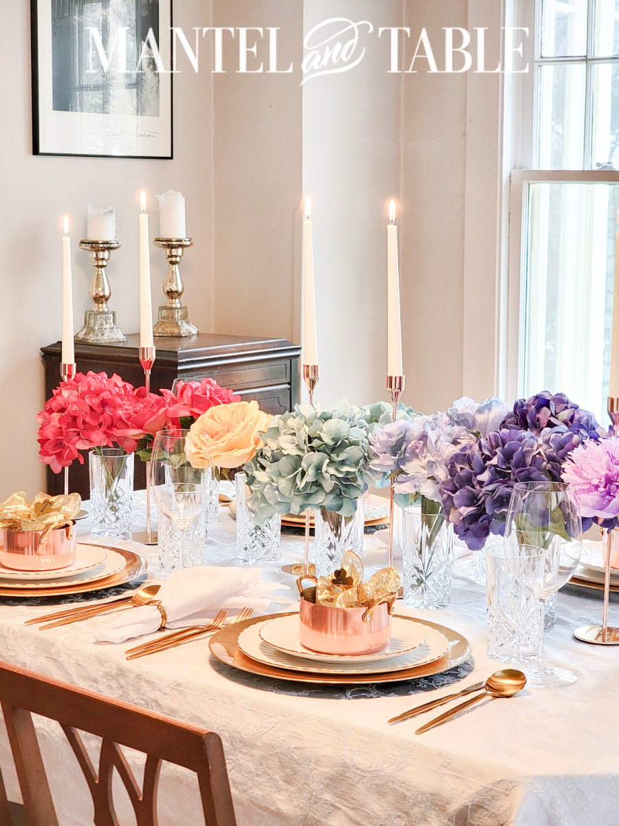 Pot of gold tablescape place settings and rainbow centerpiece