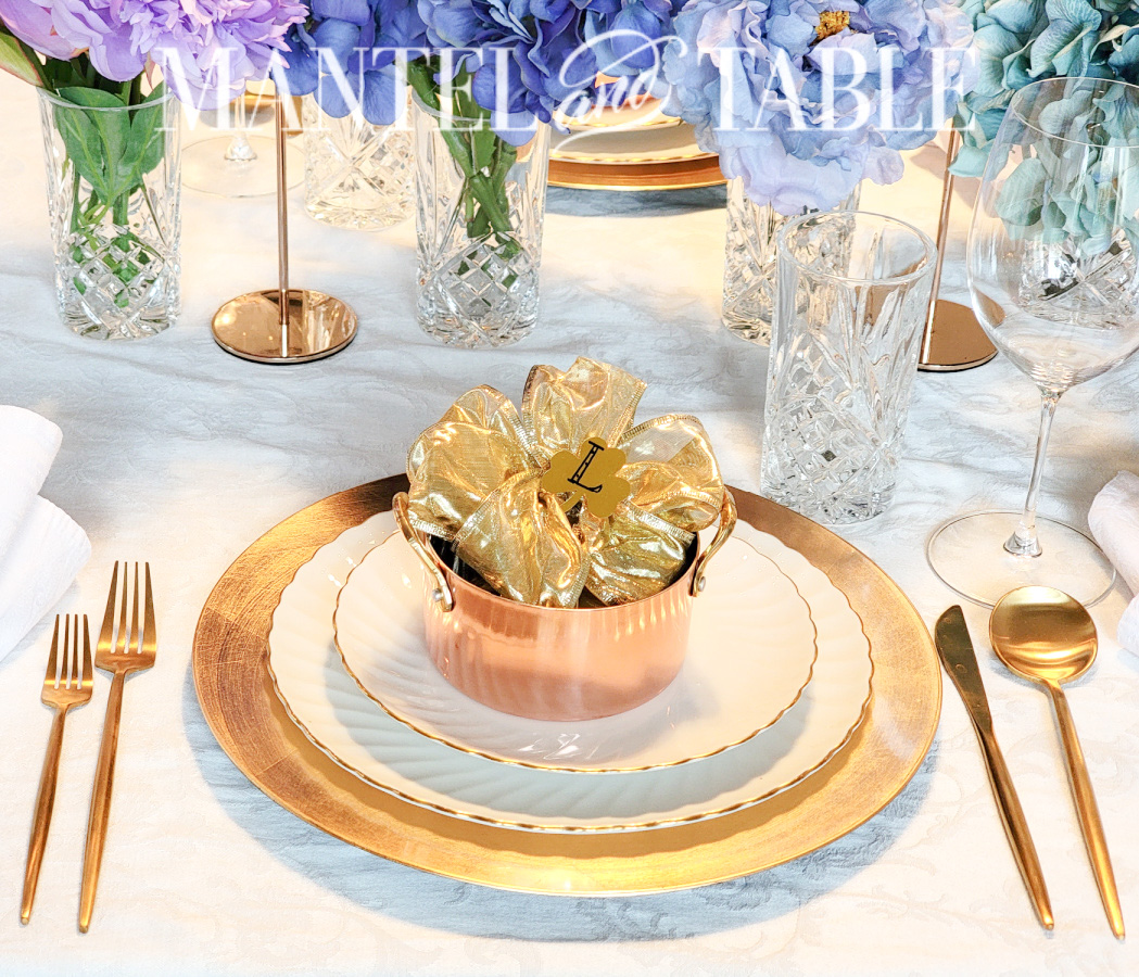 Pot of gold tablescape place setting closeup