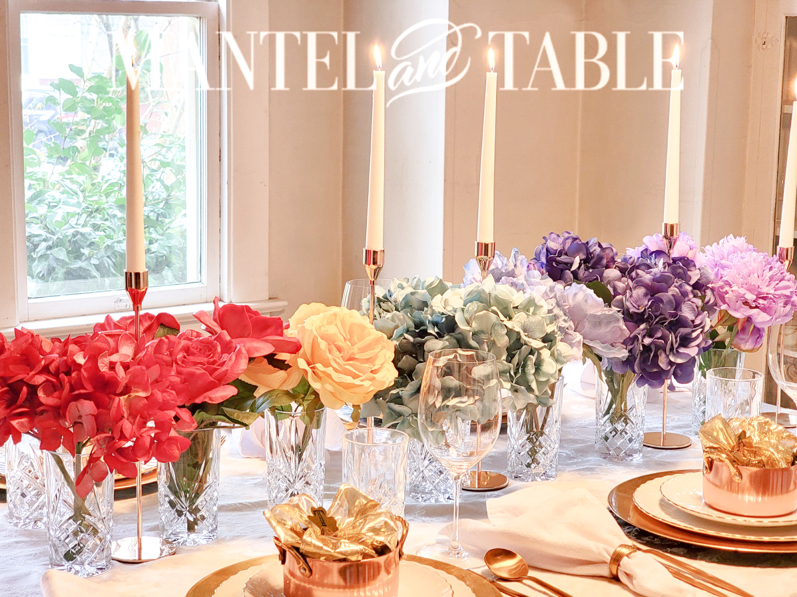 Pot of gold tablescape rainbow flower centerpiece and candles