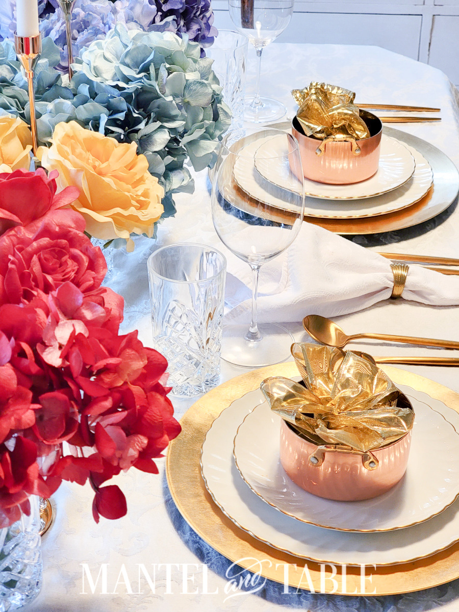 Pot of gold tablescape two placesettings