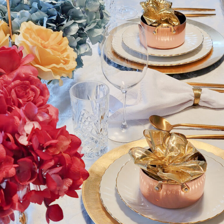 A pot of gold tablescape with a beautiful rainbow for St Patrick’s Day