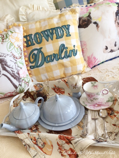 Teacup on the ranch - Teacup on a breakfast tray on bed with fun throw pillows