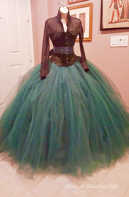 Beautiful green tulle black lace dress with tartan belt