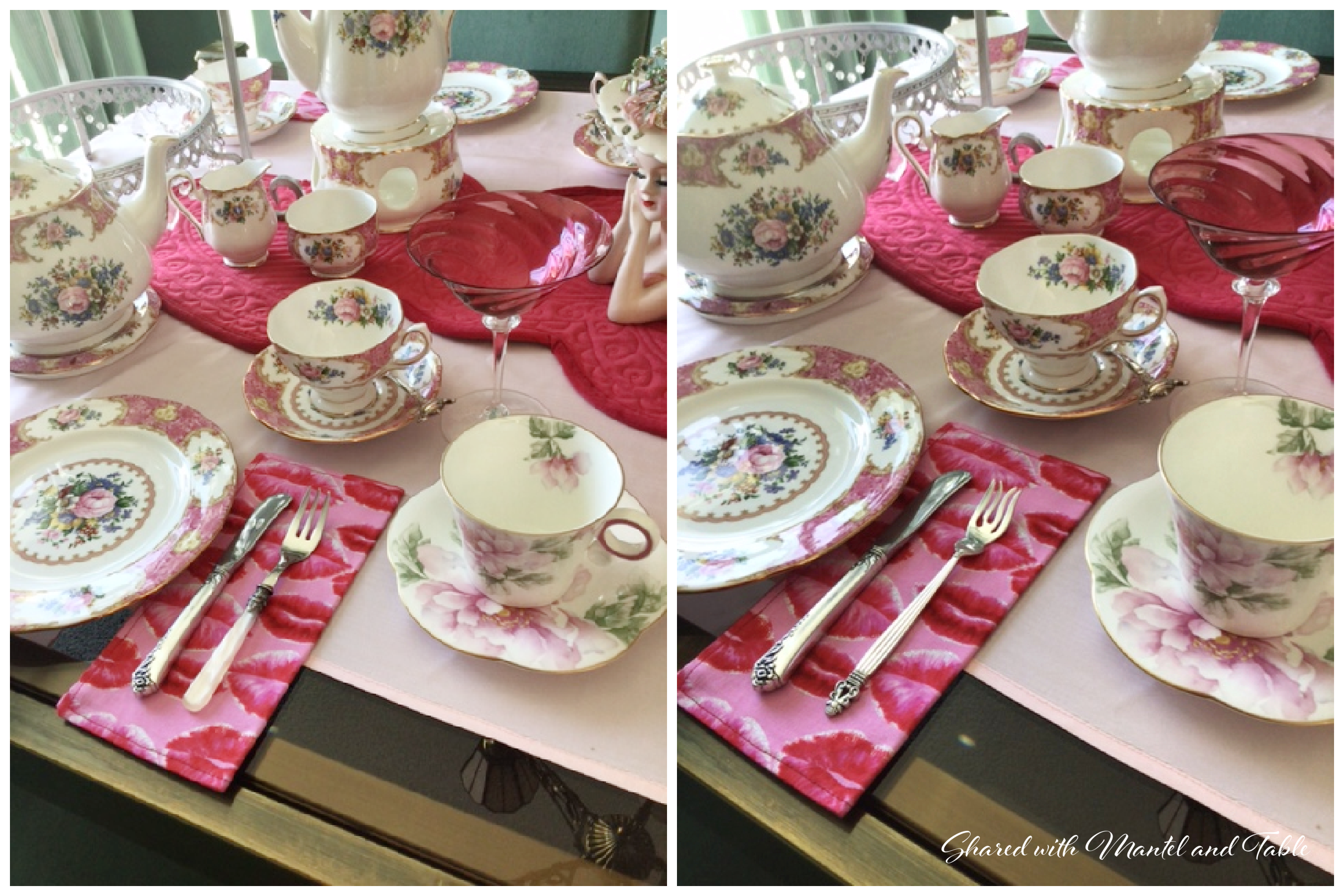 Two pictures of the Teacup on the ranch with pink place settings, each with different forks