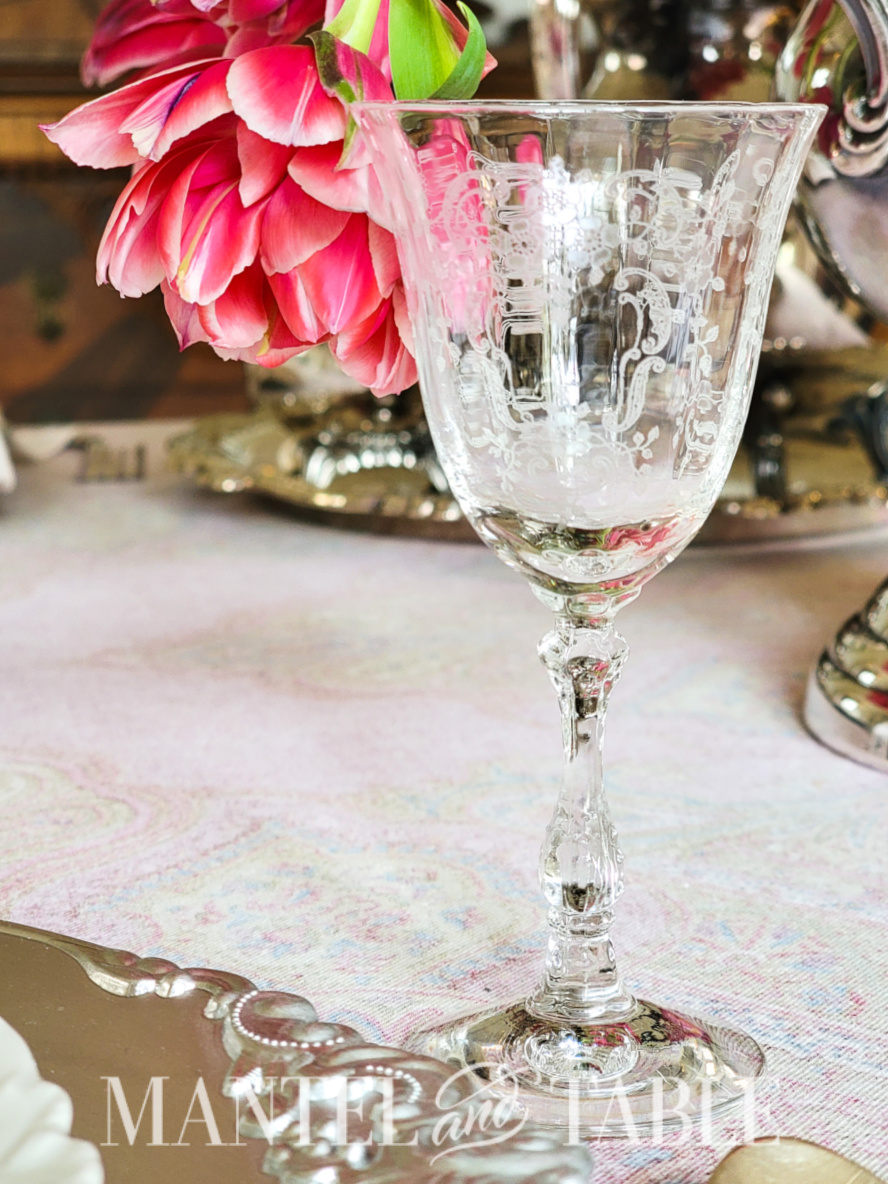 Organize a tea party - engraved sherry glass closeup