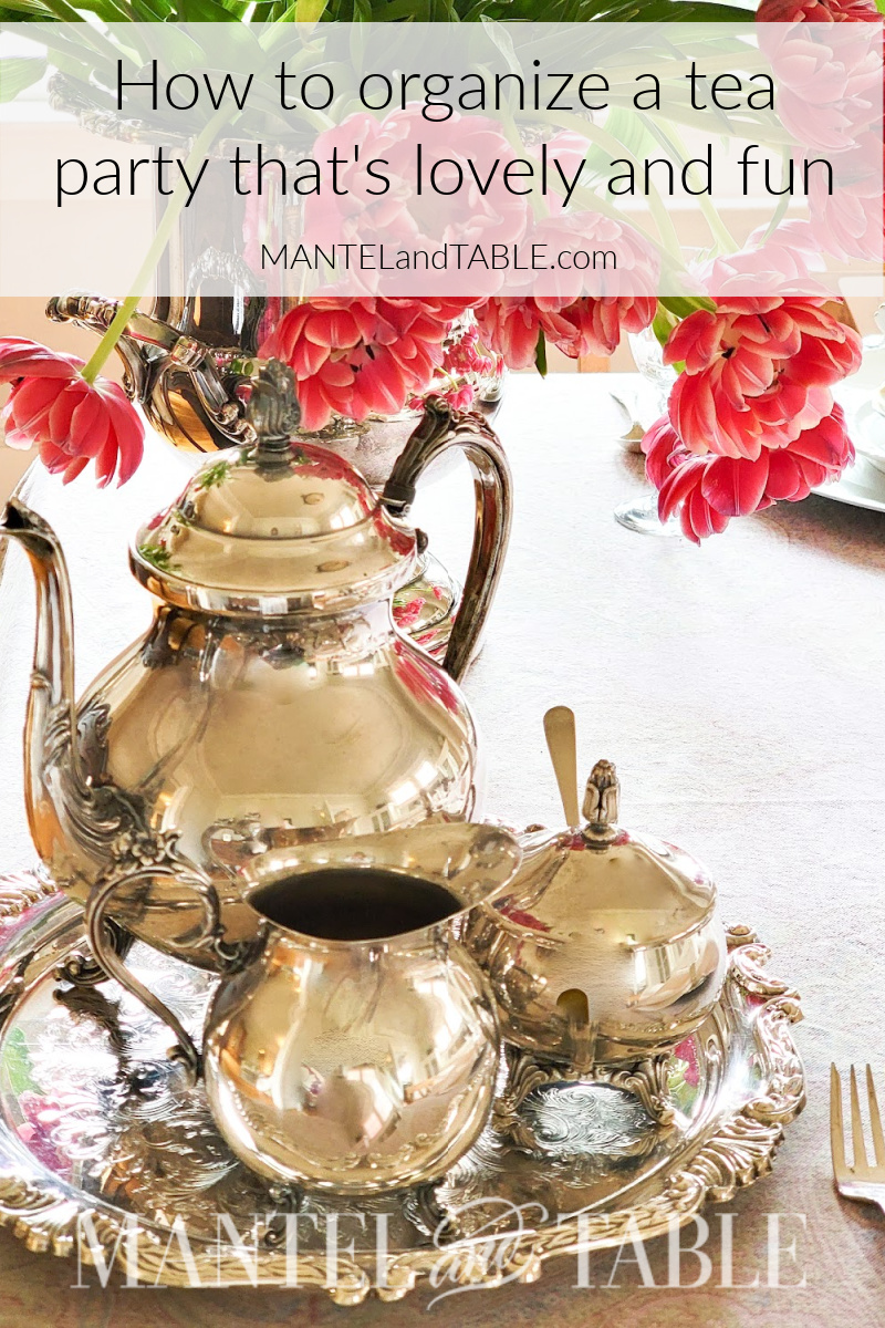 Organize a tea party - silver tea set and flowers Pinterest banner