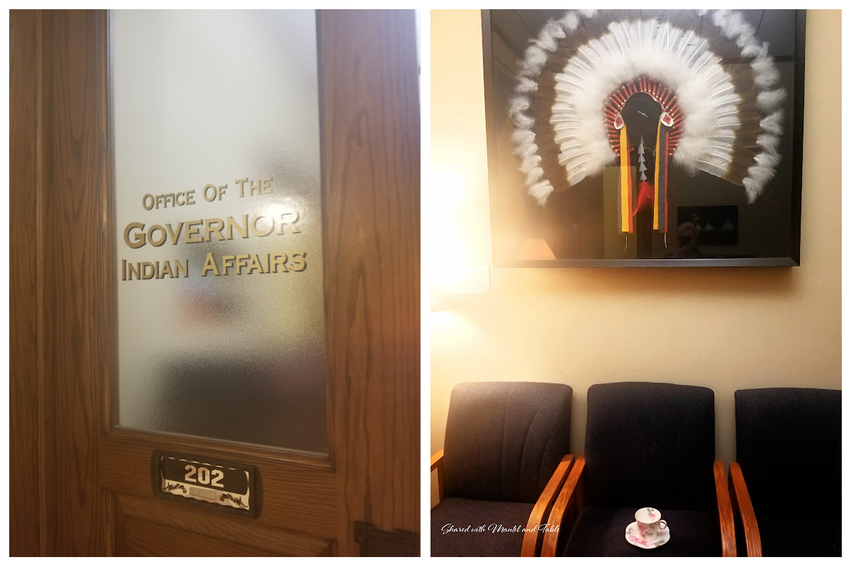 Montage of the Indian Affairs office, and the Teacup on the ranch with a framed war bonnet