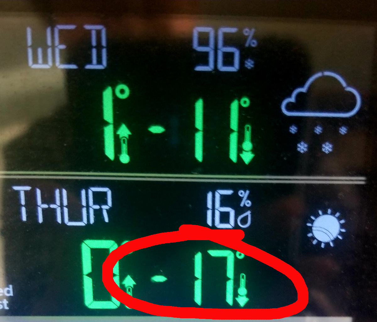 Screen shot of -17 degree weather forcast