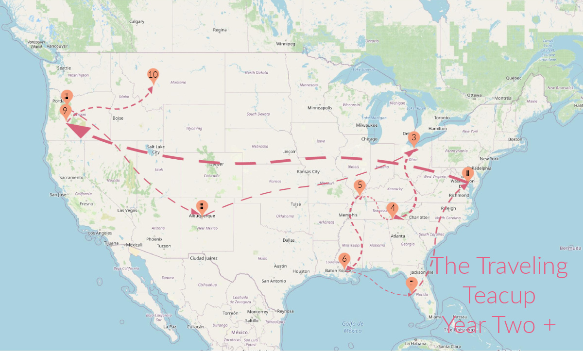 Teacup on the ranch - US map with her travel routes