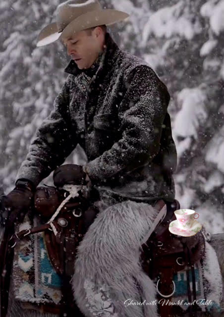 Cowboy on his horse, with Teacup on the ranch photoshopped on the back of his sadle