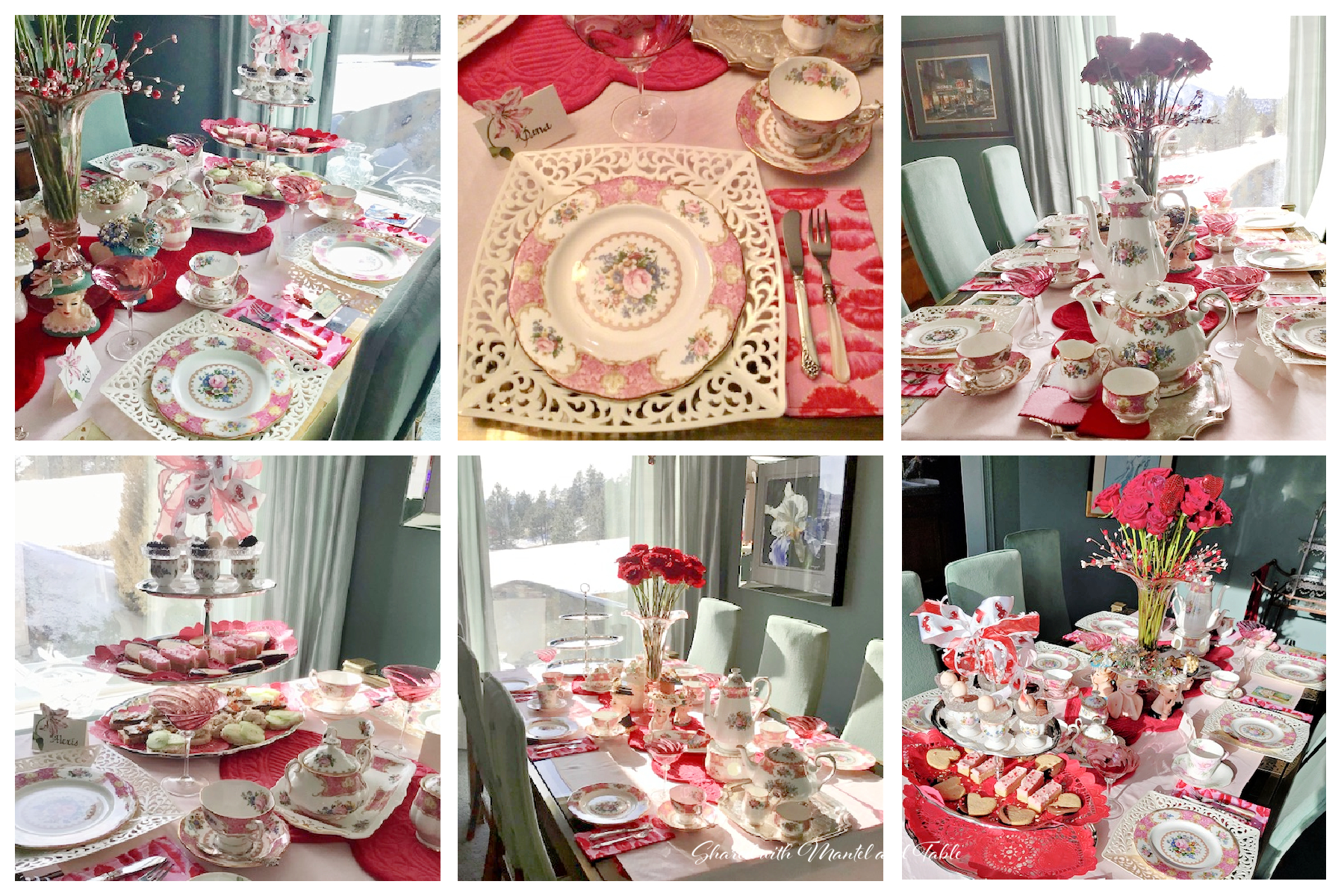 Montage of 6 pink tea party table views