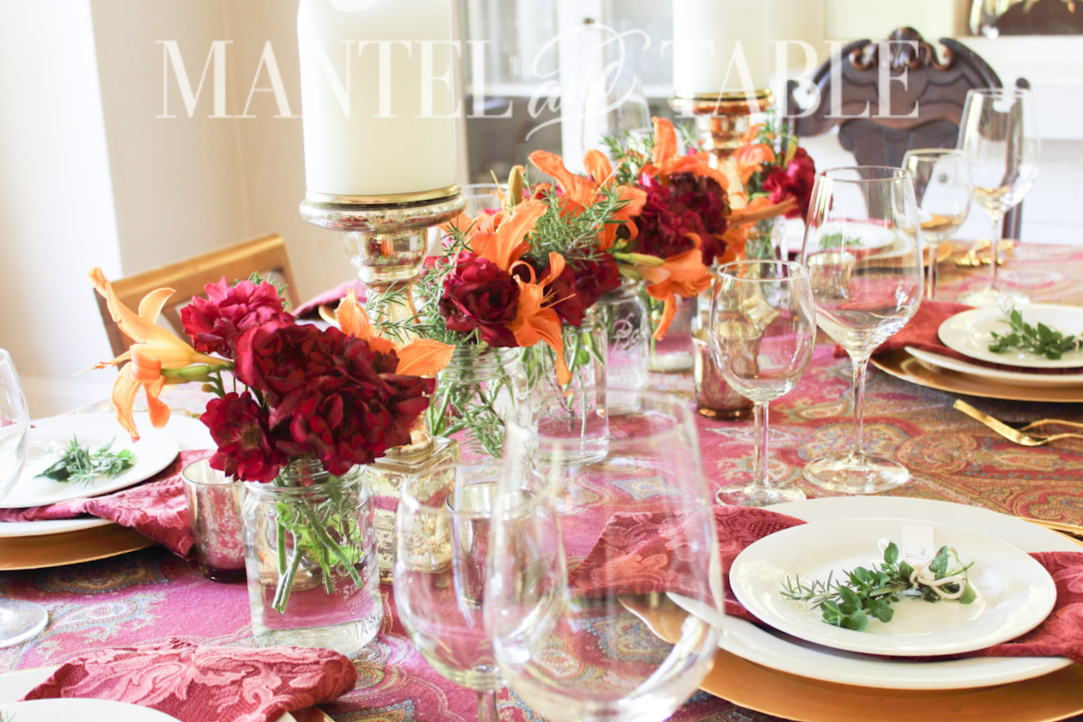 Father's Day Tablescape - view across table setting with long centerpiece