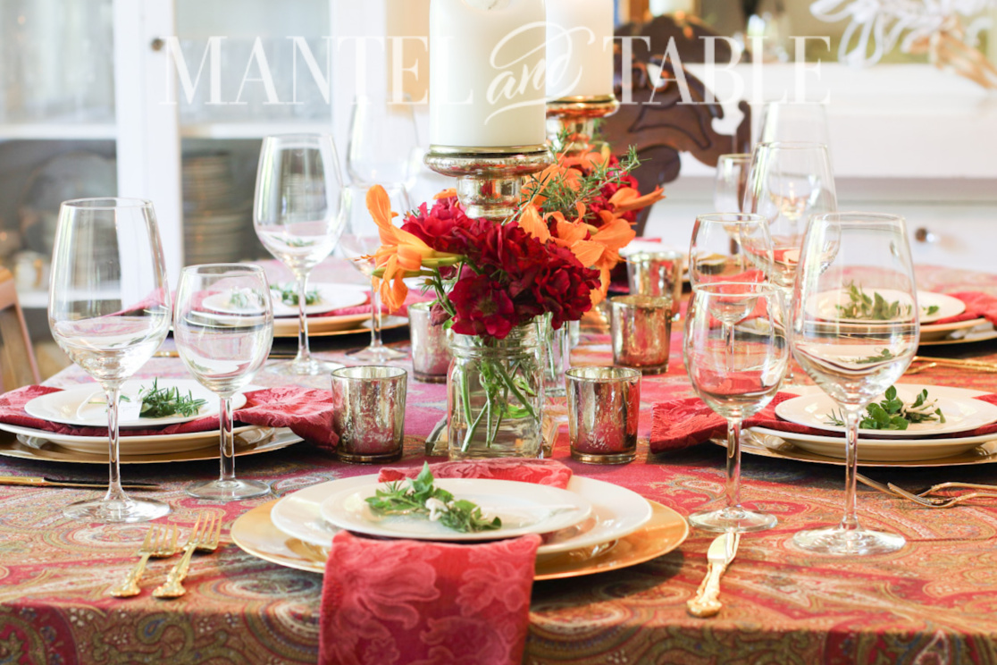 Father's Day Tablescape - red and orange floral centerpiece
