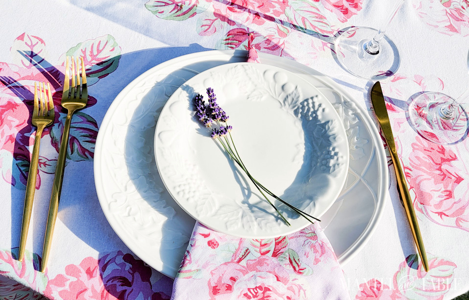 Place setting closeup with lavender sprigs as decoration