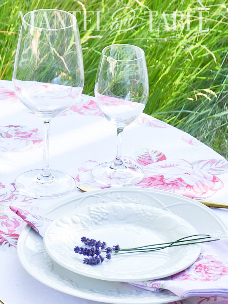 lavender bouquet tablescape - closeup of wine glasses