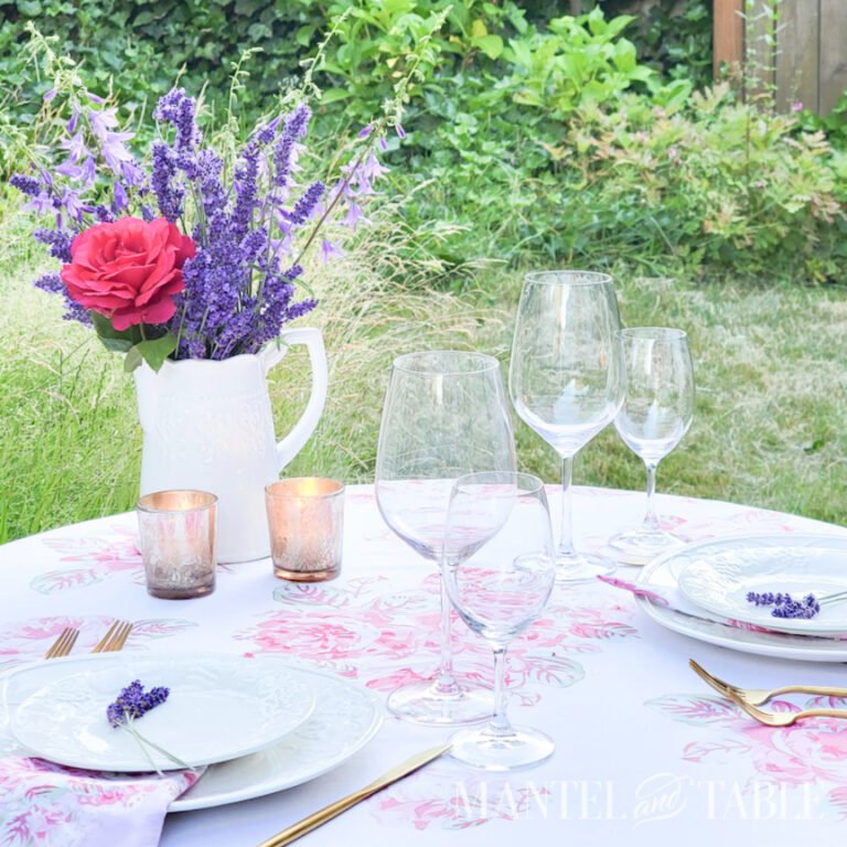 A lavender bouquet for a simple elegant outdoor tablescape