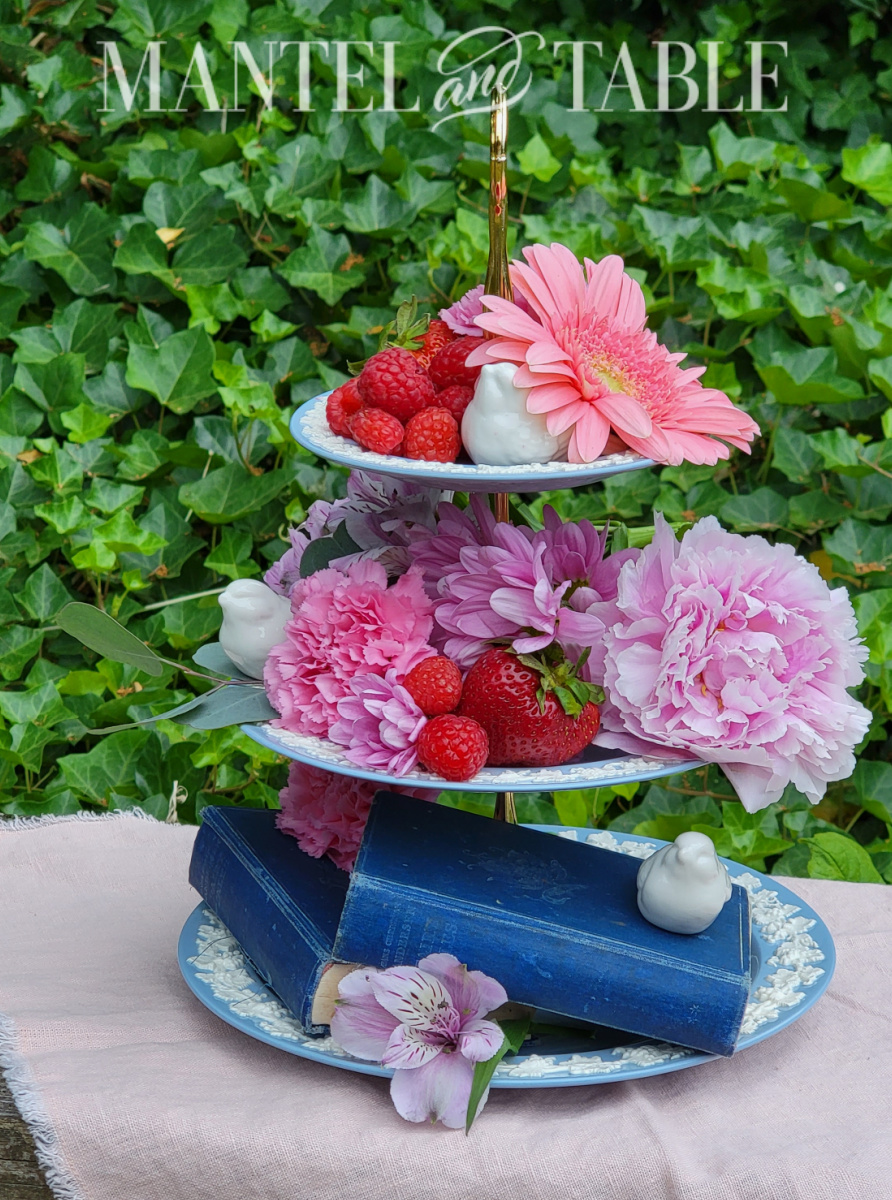 Summer tray decor - 3 tired Wedgwood blue tray with flowers, berries, books, & birds