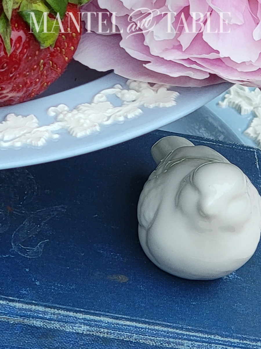 Summer tray decor - white bird figurine on blue book