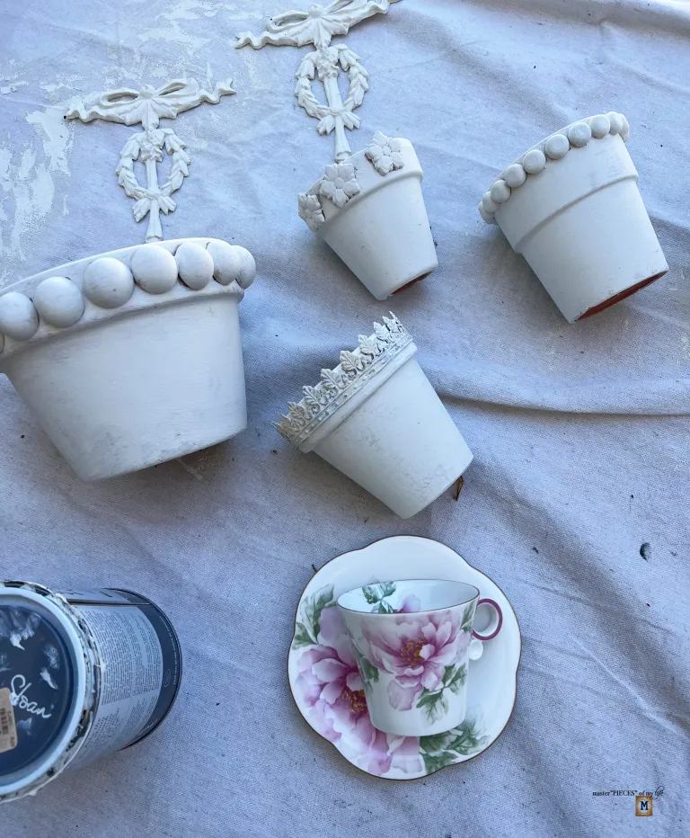 Traveling Teacup with white decorate flower pots